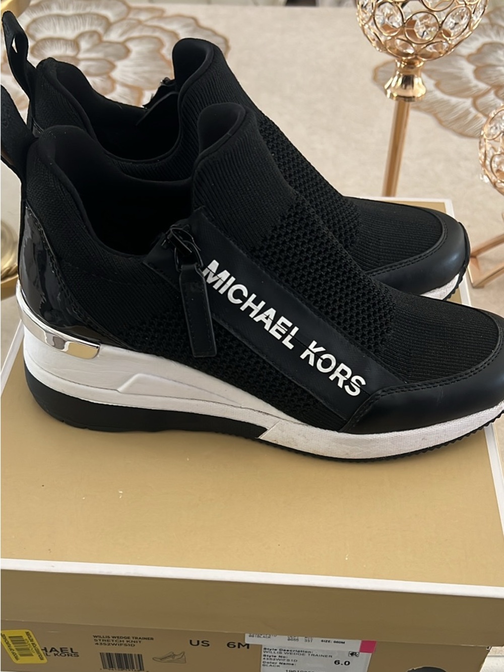 Michael Kors Black Knit Slip-On Wedge Sneakers with White Sole - Picture 2 of 5